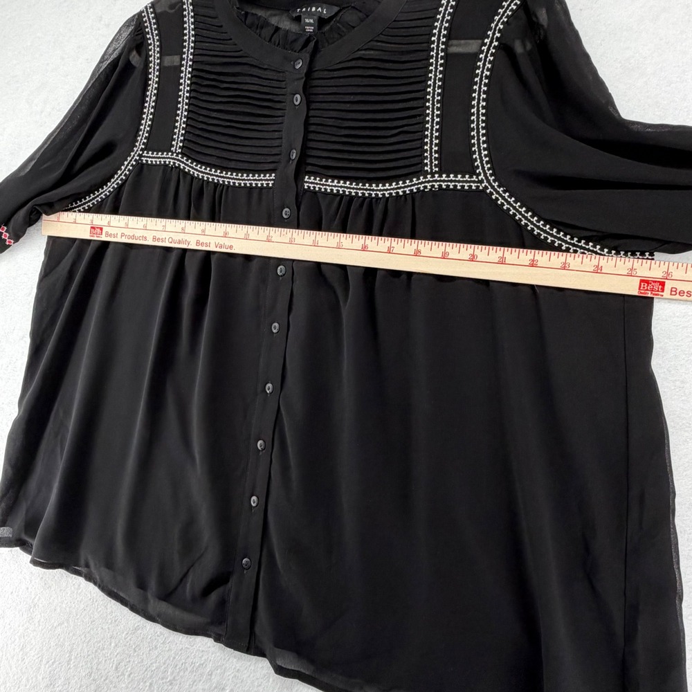 Tribal Embroidered Pintuck Peasant Blouse Semi Sheer Womens X-Large Black Boho - Picture 2 of 10